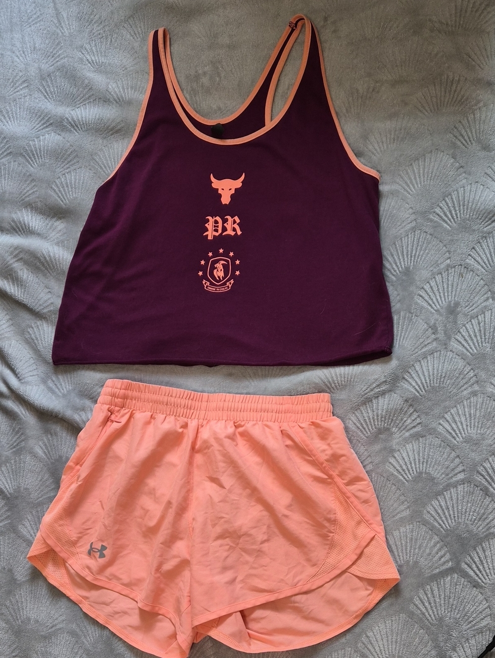 Under Armour Maroon Graphic Tank with Peach Running Shorts